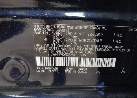 2019 Toyota Rav4 Hybrid Xle from USA, damaged, VIN 2T3RWRFV7KW038269